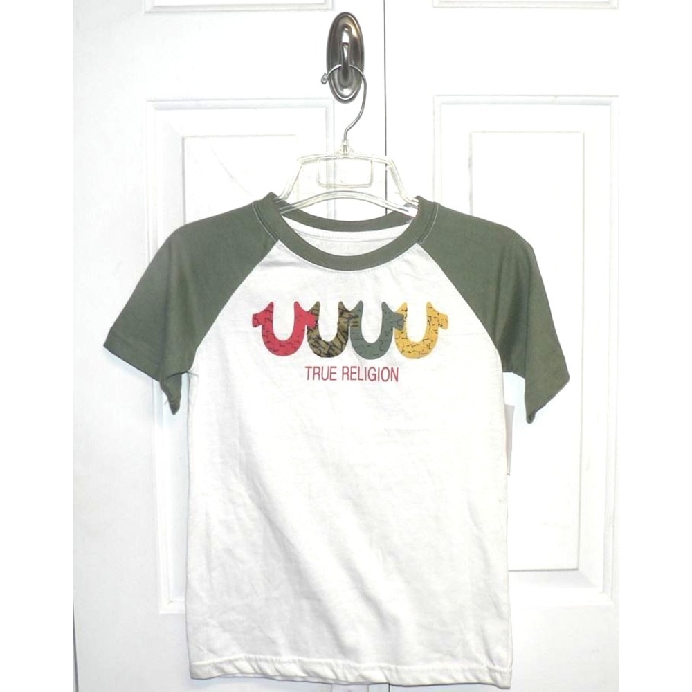True Religion Women's Raglan Short Sleeve Logo T-Shirt in White/Green/Multi Smal
